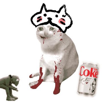 This image, posted with the caption "nfts on robinhood," depicts a sad, blood-stained cat wearing a kawaii-style headband, with Kermit the Frog looking down and a can of Diet Coke with a celebrity endorsement to its right. The imagery appears to be a surreal and dark commentary on the volatility or perceived absurdity of NFTs on platforms like Robinhood.