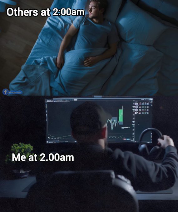 A two-panel meme; the top panel, captioned "Others at 2:00am", shows a person sleeping in bed, while the bottom panel, captioned "Me at 2:00am", shows a person sitting at a computer monitor displaying financial charts.
