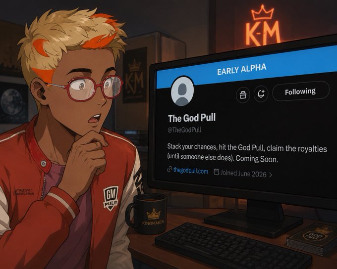 An anime-style illustration of a young person with orange-streaked blonde hair and red glasses looking thoughtfully at a computer screen displaying an 'EARLY ALPHA' Twitter profile for 'The God Pull' (@TheGodPull), with a Kingmakerz (KM) mug on the desk.