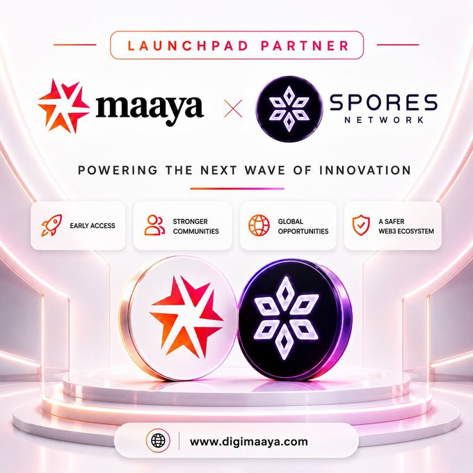 A promotional graphic announces the launchpad partnership between Maaya and Spores Network, featuring their logos alongside key benefits including "Early Access," "Stronger Communities," "Global Opportunities," and "A Safer Web3 Ecosystem." Two stylized 3D coin tokens displaying each brand's emblem sit on an illuminated platform, reinforcing the Web3 collaboration theme referenced in the post about the $EMYA public sale.