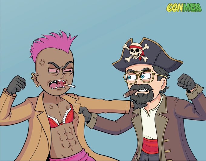 A cartoon illustration features two characters: a pink-mohawked person smoking a cigarette and a pirate with a skull-and-crossbones hat, with 'CONMEN' written in the top right corner.