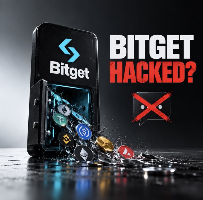 YouTube-style thumbnail showing a smartphone displaying the Bitget logo with cryptocurrency coins spilling out, alongside the text 'BITGET HACKED?' and a crossed-out chat bubble icon.