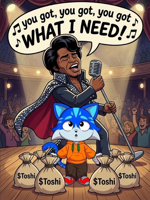 A cartoon Elvis-like performer sings "you got, you got, you got WHAT I NEED!" on stage while a blue cat in an orange hoodie stands among bags labeled "$Toshi" as excited fans cheer from the audience, visually matching the post's celebration of $Toshi on Base.