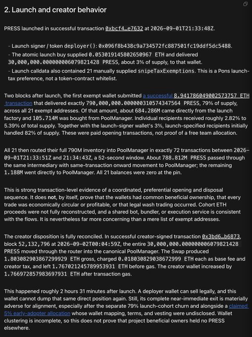 A dark-themed document section titled '2. Launch and creator behavior' detailing a cryptocurrency token launch analysis for PRESS, discussing atomic launch buys, wallet transfers, and creator disposition.