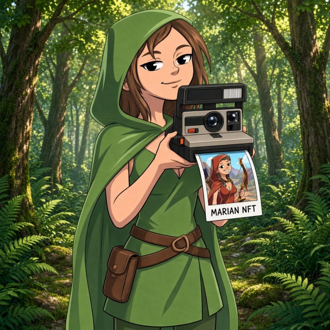 An anime-style illustration of a woman in a green hooded cloak holding a Polaroid camera that prints a photo labeled 'MARIAN NFT' in a forest setting.