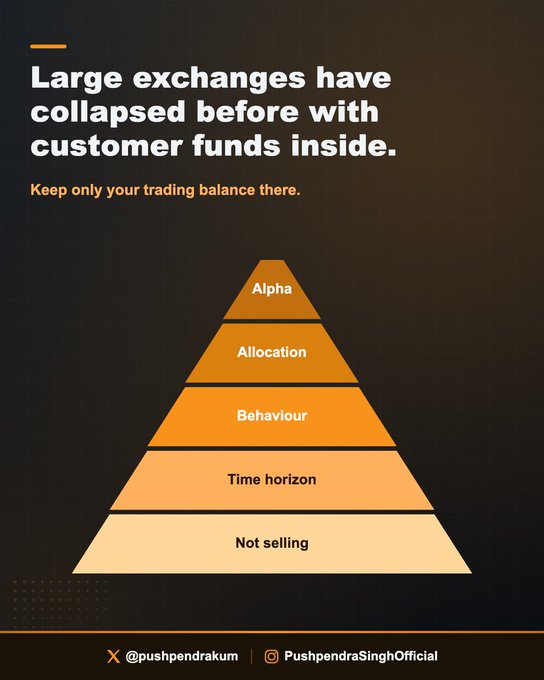 The image is a financial advisory graphic featuring a five-tier pyramid (from base to top: "Not selling," "Time horizon," "Behaviour," "Allocation," "Alpha") on a dark grid background, with the header "Large exchanges have collapsed before with customer funds inside" and the advice "Keep only your trading balance there." It visually reinforces the post's message by illustrating the hierarchy of investment principles and urging viewers to minimize exchange-held funds due to counterparty risk.
