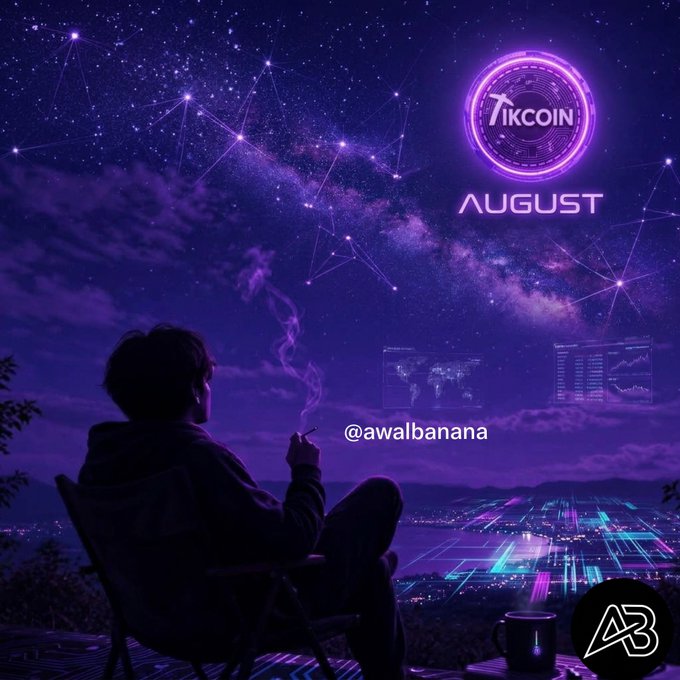 A promotional graphic with a purple and starry aesthetic, featuring a silhouetted person sitting and smoking, looking out at a futuristic cityscape under a galaxy sky, with a 'TIKCOIN' logo and 'AUGUST' text, and the watermark '@awalbanana'.