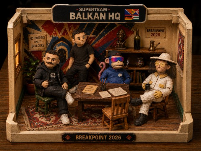 A detailed diorama titled 'SUPERTEAM BALKAN HQ' for 'BREAKPOINT 2026' features four clay figurines (three men and a monkey) sitting around a table in a decorated room, with text reading 'NO BORDERS ONLY BUILDERS'.