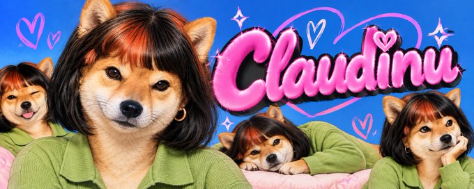 A vibrant digital banner featuring cartoon Shiba Inu dogs styled with bob haircuts and bangs, wearing green sweaters, alongside the pink cursive text 'Claudinu' and small heart decorations on a blue background.