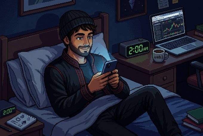A digital illustration shows a bearded man in a beanie lying in bed at night, looking at his phone with a blue glow on his face, while a digital clock reads "2:00 AM" and a laptop displays a trading chart.