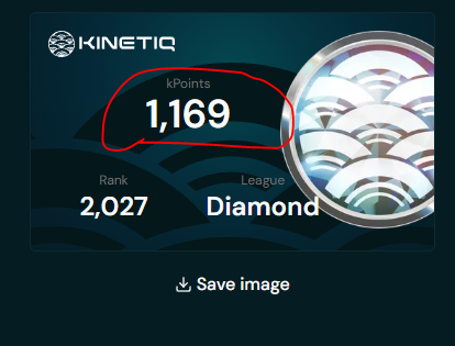 A KINETIQ app dashboard displaying 1,169 kPoints (circled in red), a rank of 2,027, and Diamond league status, with a Save image option.