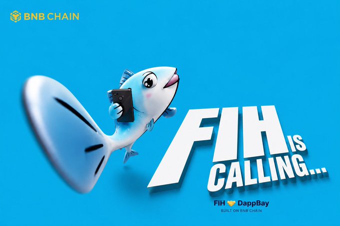 The image features an illustration of a fish with a cell phone attached to its tail. The text "FIH Is Calling...Good night CT. While the market rests, the @FIH_USD1 team keeps working. From USD1-powered predictive markets to expanding onchain utility, FIH is developing a strong ecosystem that focuses on active community participation".