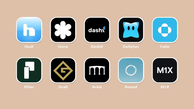 A grid of 10 rounded square app icons on a beige background, labeled Hudi, Ixora, DashX, Dailyfun, Calm, Pillar, Grail, Arkis, Round, and M1X.