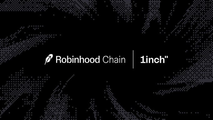 A logo graphic displaying 'Robinhood Chain | 1inch' on a black textured background.