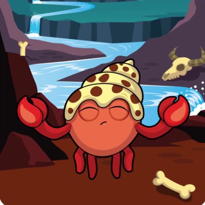 Cartoon illustration of a cute hermit crab character wearing a spotted shell, sitting in a cave-like setting with bones, a skull, and a flowing blue river in the background.