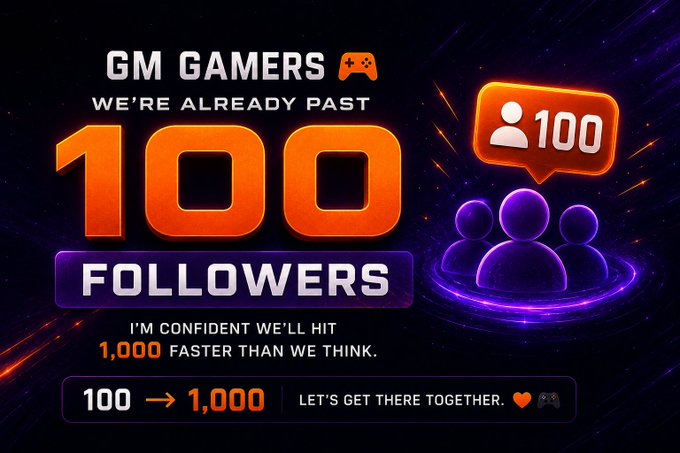 A social media milestone graphic reading "GM GAMERS - WE'RE ALREADY PAST 100 FOLLOWERS" with text stating "I'M CONFIDENT WE'LL HIT 1,000 FASTER THAN WE THINK" and "100 → 1,000 LET'S GET THERE TOGETHER."