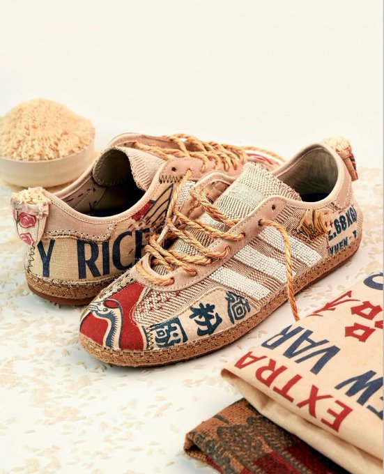 A product photo of pink patchwork-style sneakers with rice sack prints, lace-up design, and red graphics, displayed alongside rice grains and fabric swatches with text including 'RICE', 'EXTRA', and 'VARI'.