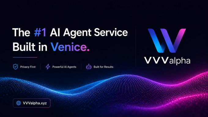 The image features a poster for an AI Agent service called @VVValpha, which is built on Venice and based on Base We engineer intelligent agents for various tasks such as customer support, chatbots, outbound sales calls, LinkedIn outreach, lead generation, meeting recording, and more. The poster also includes the company's logo and a list of their services.