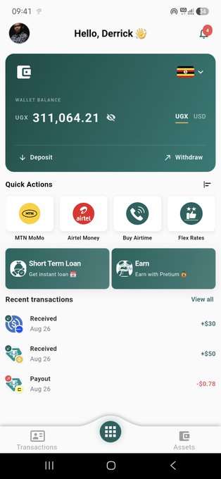 A mobile app screenshot greeting 'Hello, Derrick' showing a wallet balance of UGX 311,064.21, quick actions like MTN MoMo and Airtel Money, and recent transactions.
