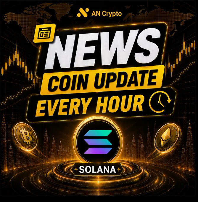 A promotional graphic for "AN Crypto" featuring text "NEWS COIN UPDATE EVERY HOUR" with the Solana logo prominently displayed at the bottom, flanked by Bitcoin and Ethereum coins against a dark background with a world map and candlestick chart.