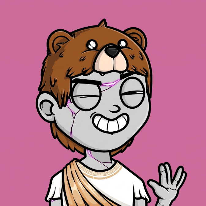 A digital illustration shows a smiling gray-skinned character wearing glasses and a brown bear hat against a pink background, waving one hand.