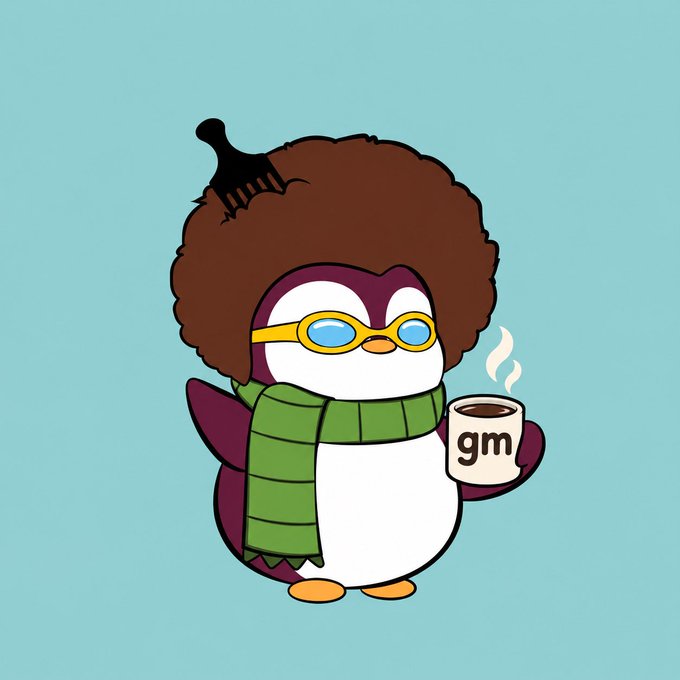 A cartoon penguin with a brown afro hairstyle, blue glasses, and a comb on its head, holds a steaming white mug labeled 'gm' against a light blue background.
