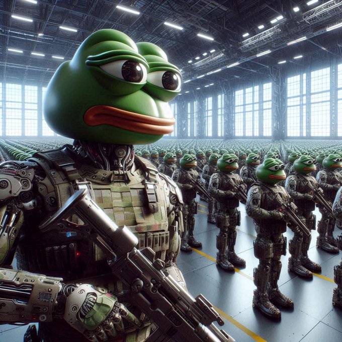 An AI-generated image of an army of robotic soldiers wearing Pepe the Frog helmets in a hangar.