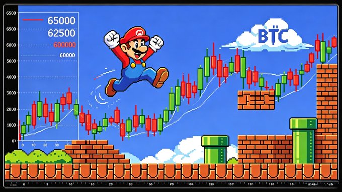 The image shows Mario mid-jump across a Super Mario Bros. landscape, with a BTC candlestick chart on the upper left displaying price levels at $60,000, $62,500, and $65,000, and "BTC" written on a cloud in the background. It visually parallels the post's question by framing Bitcoin's current ~$63,000 position as a platforming challenge where investors, like Mario, must decide whether they're nearing the level's end or facing another respawn.