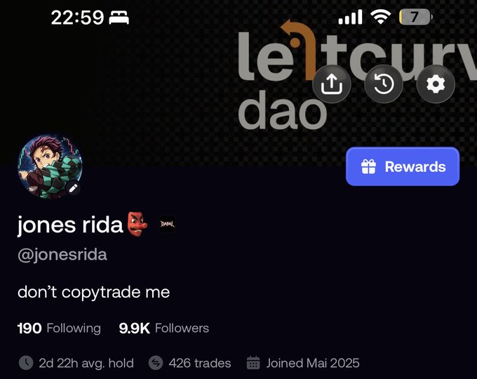 Screenshot of a Ledger DAO profile for user 'jones rida' (@jonesrida) showing the bio 'don't copytrade me', with 190 Following, 9.9K Followers, and stats showing '2d 22h avg. hold', '426 trades', and 'Joined Mai 2025'.