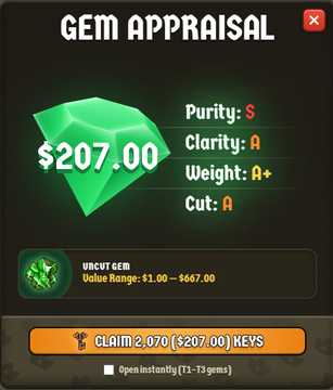 A 'Gem Appraisal' screen from a game showing a green Uncut Gem valued at $207.00 with stats for Purity (S), Clarity (A), Weight (A+), and Cut (A), with a button to claim 2,070 keys.