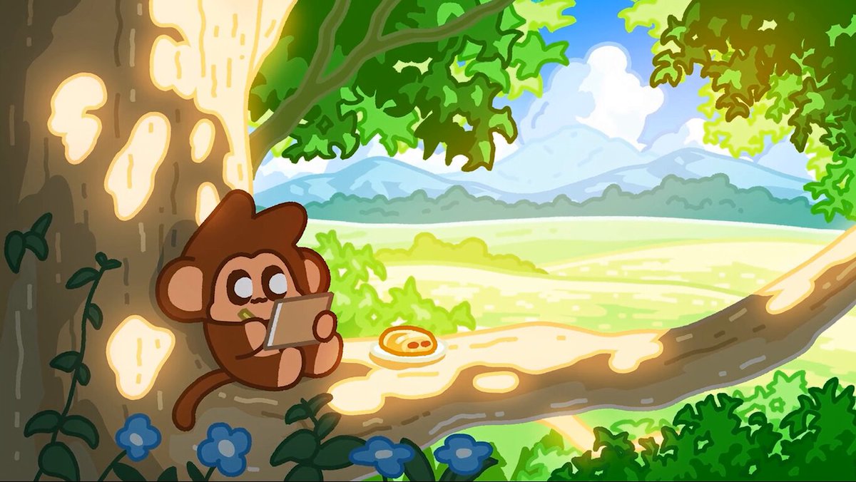 A cartoon monkey sits on a tree branch taking notes next to a breakfast pastry, with rolling green hills and a clear blue sky in the background—capturing a peaceful, cheerful "good morning" vibe that matches the Chimpers "gm" greeting.