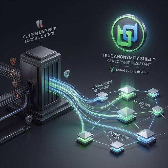A promotional graphic for BelNet by @BeldexCoin showing a 'True Anonymity Shield' and 'Censorship Resistant' features, comparing a centralized VPN with logs and control to a global decentralized node network with no access logs and unthrottled traffic.