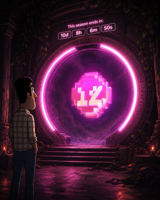 Animated character stands before a glowing pink portal displaying "This season ends in: 10d 8h 6m 50s" and a pixel-art "1Z" symbol.