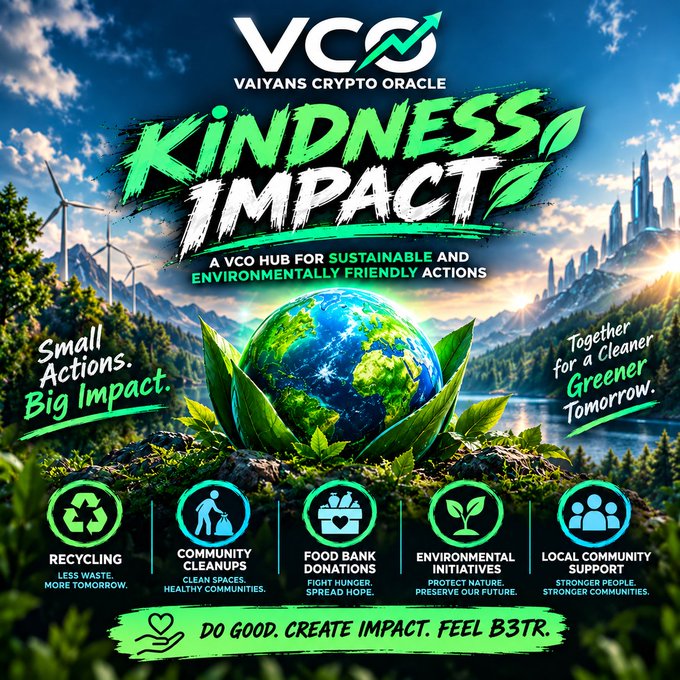 A promotional graphic for 'VCO Vaiyans Crypto Oracle' featuring a 'KINDNESS IMPACT' hub for sustainable actions like recycling, community cleanups, food bank donations, environmental initiatives, and local community support.