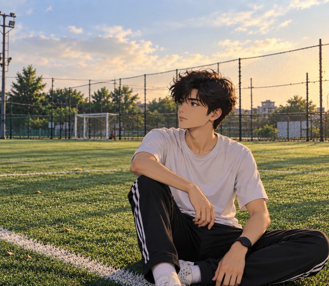 An anime-style illustration of a young man with messy black hair sitting on a grassy sports field at sunset, wearing a white t-shirt and black track pants with white stripes.