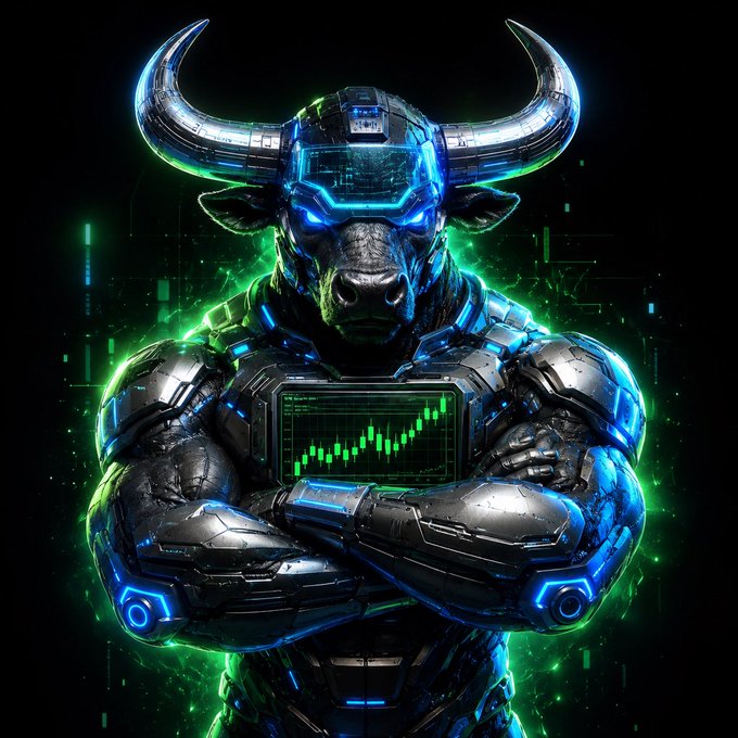 A cyberpunk bull mech with glowing blue horns and green energy accents stands with crossed arms, displaying an upward trending green candlestick chart on its chest screen, embodying the eternal bullish sentiment of $BULLAI (CA: CdaWXaRwoaD39k5iAd5bYJXo9g2JiD1WQaXYjKCapump) — an AI trained exclusively on bull markets that refuses to acknowledge any correction.