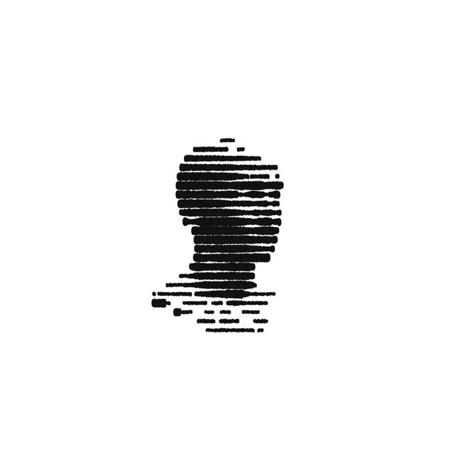 An abstract black-and-white composition featuring a central form built from horizontal scribbled lines and dots against a white background.