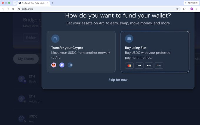 A screenshot of the Arc Portal web interface asking 'How do you want to fund your wallet?' with options to 'Transfer your Crypto' (moving USDC from another network to Arc) or 'Buy using Fiat' (buying USDC with a preferred payment method), plus a 'Skip for now' button.