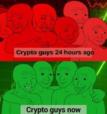A meme showing "Crypto guys 24 hours ago" depicted with red, worried-looking faces, and "Crypto guys now" shown with green, smiling faces — illustrating a rapid shift in sentiment. The image's contrast between panic and relief visually reinforces the post's caption "Real," suggesting the emotional rollercoaster of crypto traders is an authentic reflection of recent market volatility.