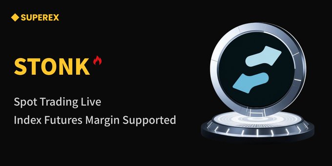 A promotional graphic from SuperEx announcing the new listing of $STONK, featuring the SuperEx logo, the text "STONK 🔥," "Spot Trading Live," and "Index Futures Margin Supported," alongside a stylized 3D rendering of the STONK token on a futuristic pedestal.