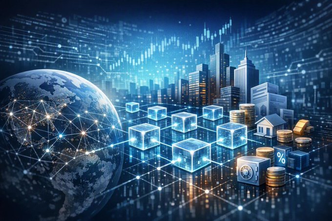 A digital composite image shows a glowing globe connected by data lines to a futuristic city skyline, stacks of coins, transparent cubes, and a safe, overlaid with a stock market chart.