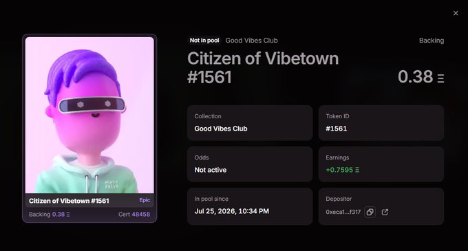 An NFT marketplace listing for 'Citizen of Vibetown #1561' from the Good Vibes Club collection, showing a 3D character with sunglasses and a price of 0.38 ETH.
