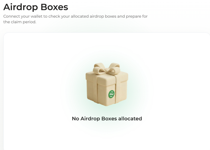 The image shows an "Airdrop Boxes" page displaying "No Airdrop Boxes allocated" beneath an illustration of a beige gift box with a green "DOS" logo, indicating the user has not received any $DOS tokens from the DappOS airdrop after connecting their wallet.