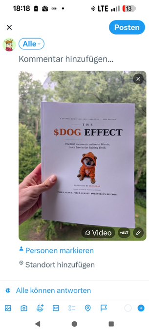 A mobile screenshot showing a hand holding a book titled 'THE $DOG EFFECT' with a dog illustration, posted on a social media app with German interface text including 'Kommentar hinzufügen...' and 'Personen markieren'.