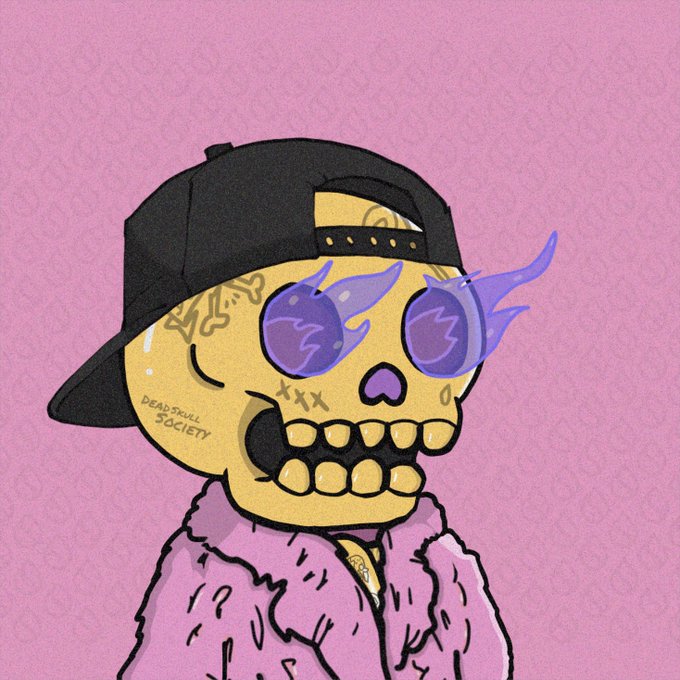 A cartoon skull character wearing a black backwards cap, purple flame sunglasses, and a pink fur coat is shown against a pink patterned background, with "DEAR SKULL SOCIETY" text tattooed on its cheek—imagery that reinforces the post's claim that this skull-themed NFT project remains the best on the $SUI blockchain.
