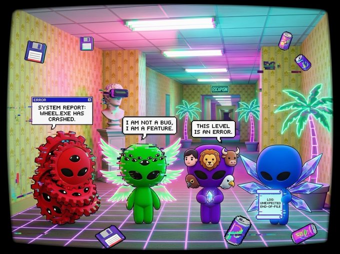 A retro 3D-style digital artwork depicting colorful alien-like creatures in a vaporwave hallway, with speech bubbles reading 'ERROR SYSTEM REPORT: WHEEL.EXE HAS CRASHED', 'I AM NOT A BUG, I AM A FEATURE', 'THIS LEVEL IS AN ERROR', and 'LOG: UNEXPECTED END-OF-FILE'.