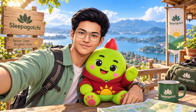 An AI-generated promotional image for "Sleepagotchi" featuring a young man with glasses posing with a green mascot plushie against a scenic lake and mountain backdrop, branded with "Better Sleep, Brighter Days".