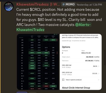 A Discord message from 'KhawatmiTradezz' discussing $CRCL position with earnings shown: EPS -$3.90, Today's return -$8,190.00 (-6.84%), Total return -$11,792.00 (-7.23%).