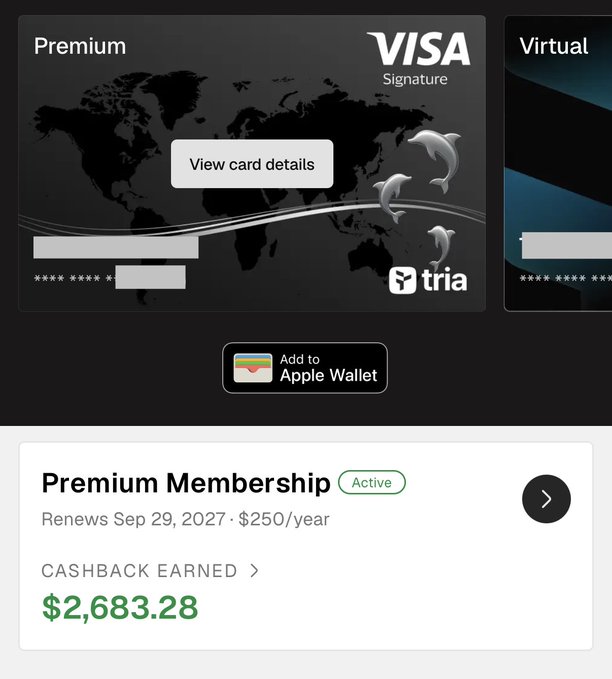 A digital card interface shows a 'Premium' Visa Signature card and a 'Virtual' card from 'tria', with a Premium Membership status showing $2,683.28 cashback earned and an option to 'Add to Apple Wallet'.