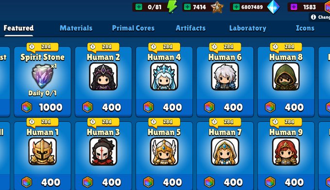 A screenshot from a video game shop interface, likely AFK Arena or similar, displaying various human character cards (Spirit Stone, Human 1-9) priced at 400 or 1000 gems each.